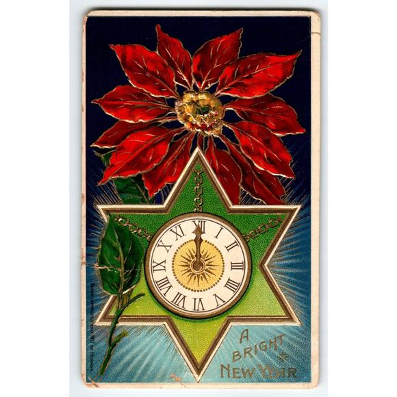 Vintage 1912 New Year Postcard Poinsettia Clock Divided Back Lithograph - Picture 1 of 2